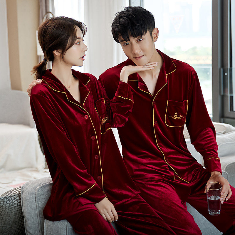 Couple pyjama femmes printemps et automne hommes à manches longues rouge velours d'or maison porter