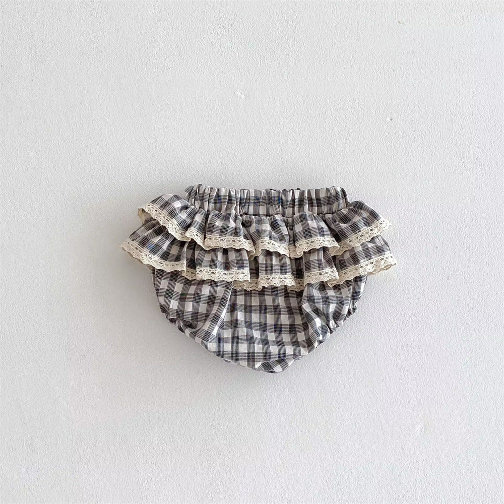Filles Plaid Dentelle Culottes avec double couche Ruffled Trim