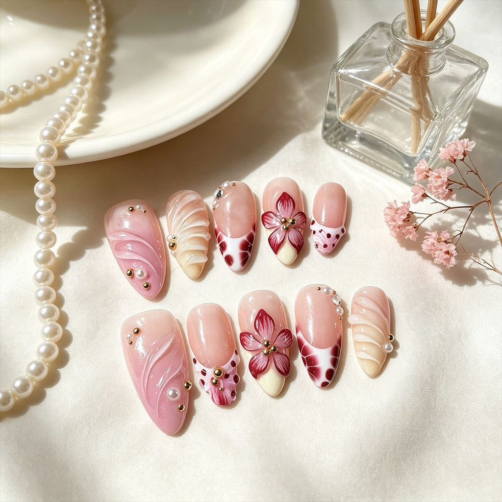 Nu de longueur moyenne Gradient Nails à pression florale tridimensionnels