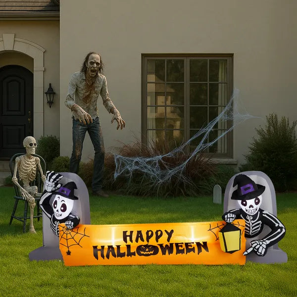 9.6FT Grandes décorations gonflables Halloween Squelette Tombstone Banner