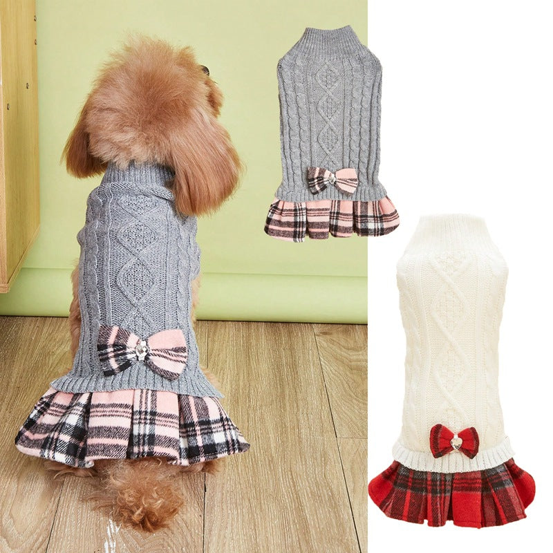 Vêtements pour animaux de compagnie Chandail tricoté blanc et gris avec arc