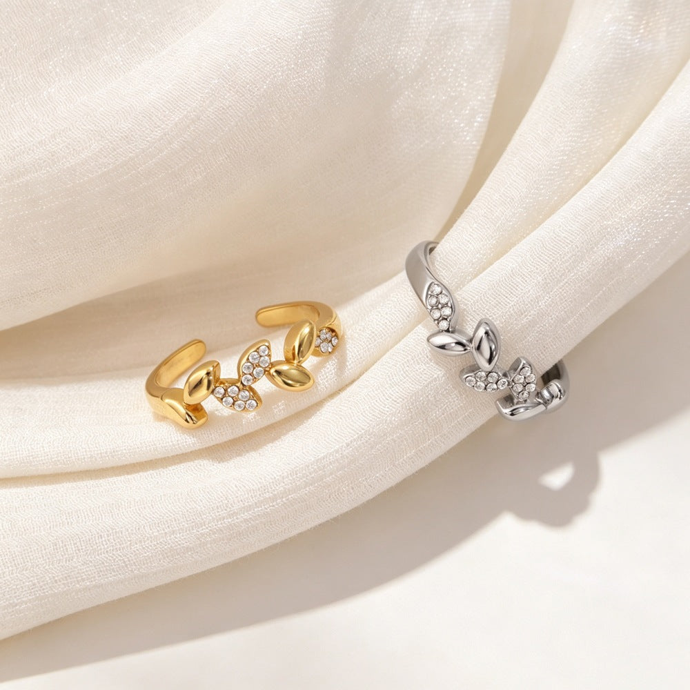 Niche Bague en acier inoxydable en forme de feuille chic de style français