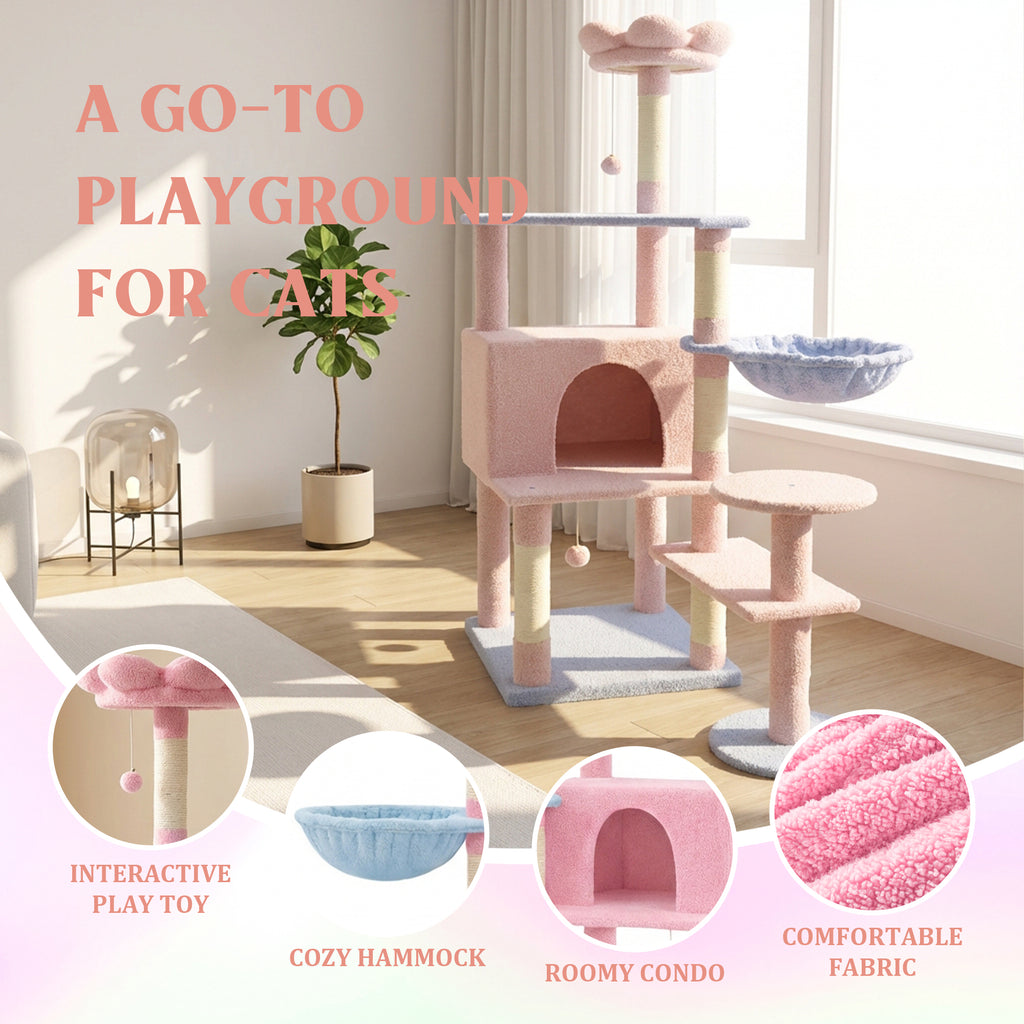 Arbre de chat fleur avec grand condo coussin de fleur amovible et hamac rose