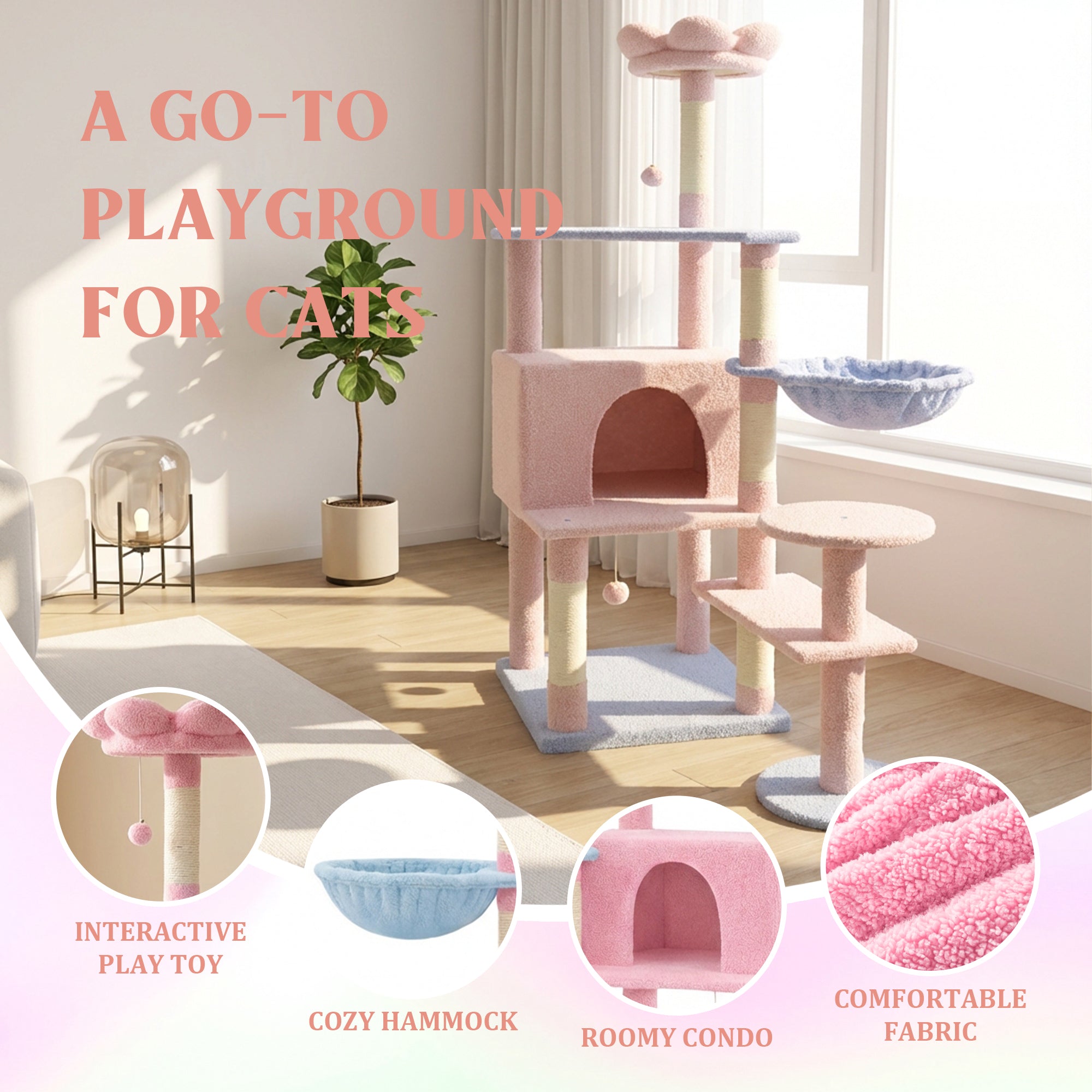 Arbre de chat fleur avec grand condo coussin de fleur amovible et hamac rose