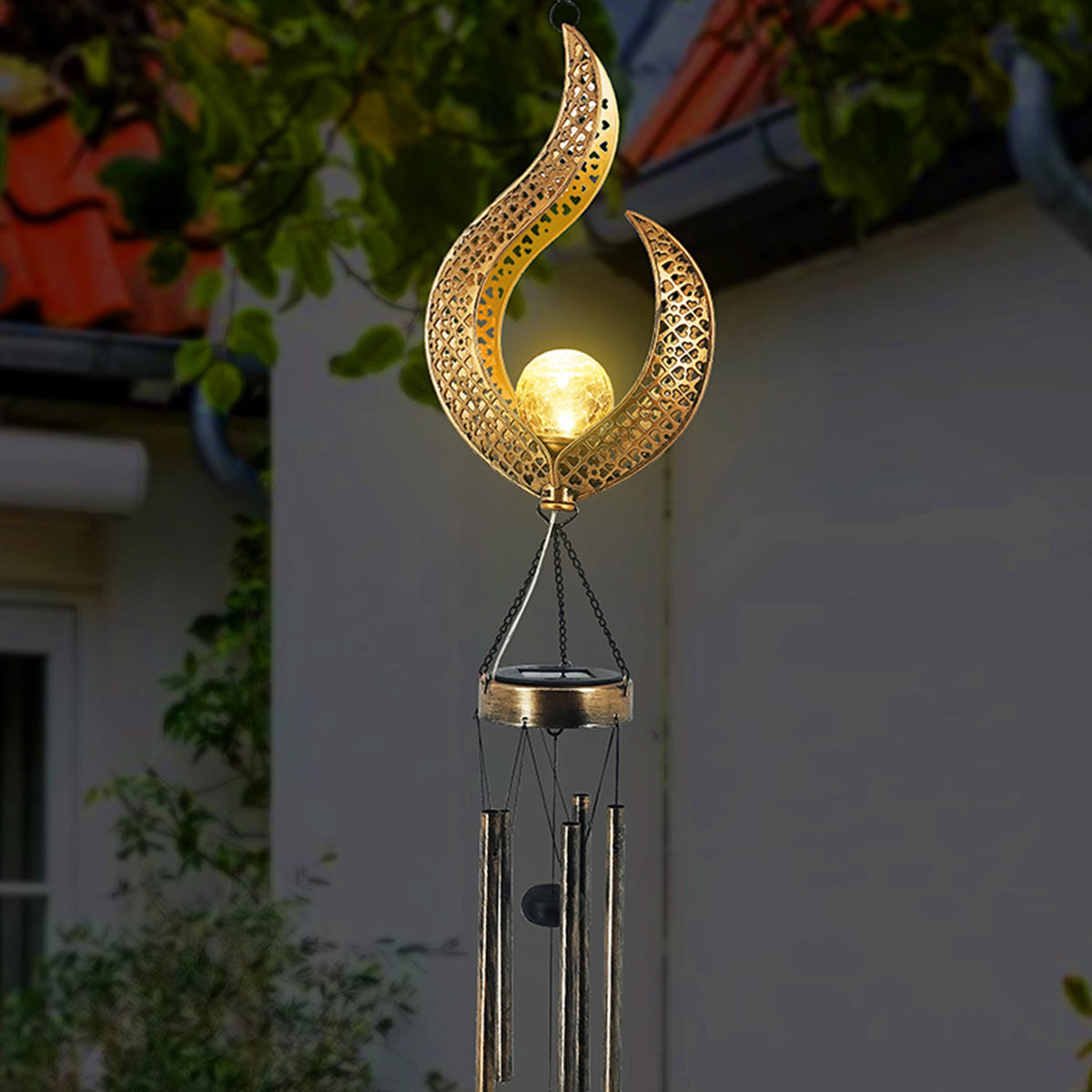 Wrought iron solar lamp outdoor wind fireplace lamp hollow flame sun moon garden lamp
