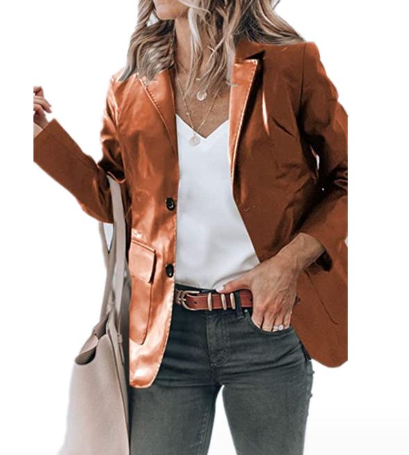 Lapel Single Breasted Solid Color PU Cuir Manteau Femme