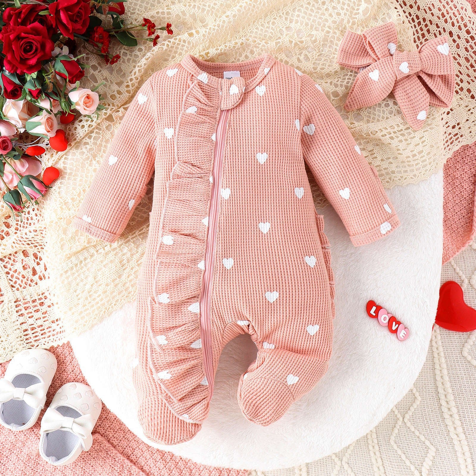 Empreinte cardiaque Jeu de bandeau Zip-up Onesie