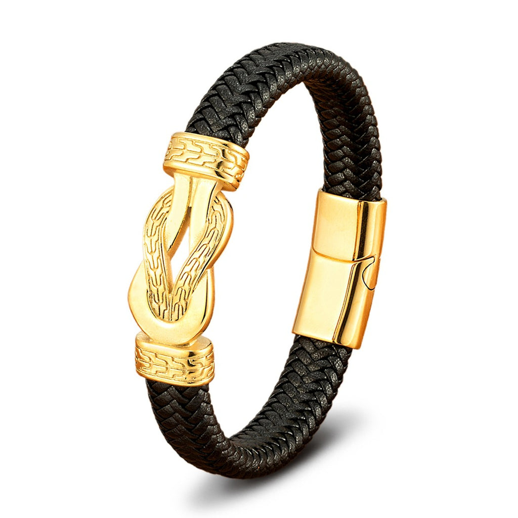 Bracelet en cuir tissé de café noir avec fermoir magnétique or et acier