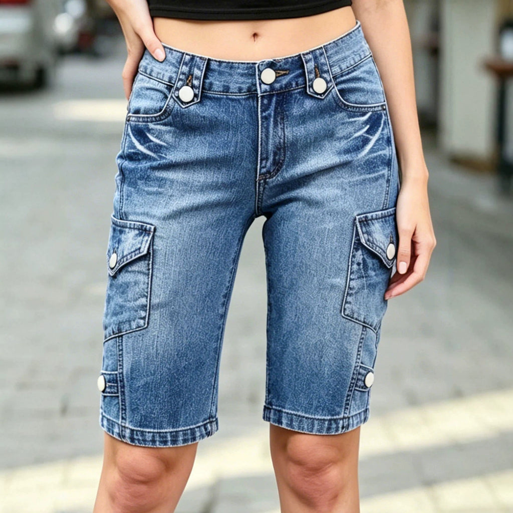 Femmes Retro Double Bouton Waist Vêtements de travail Shorts de cinq quarts
