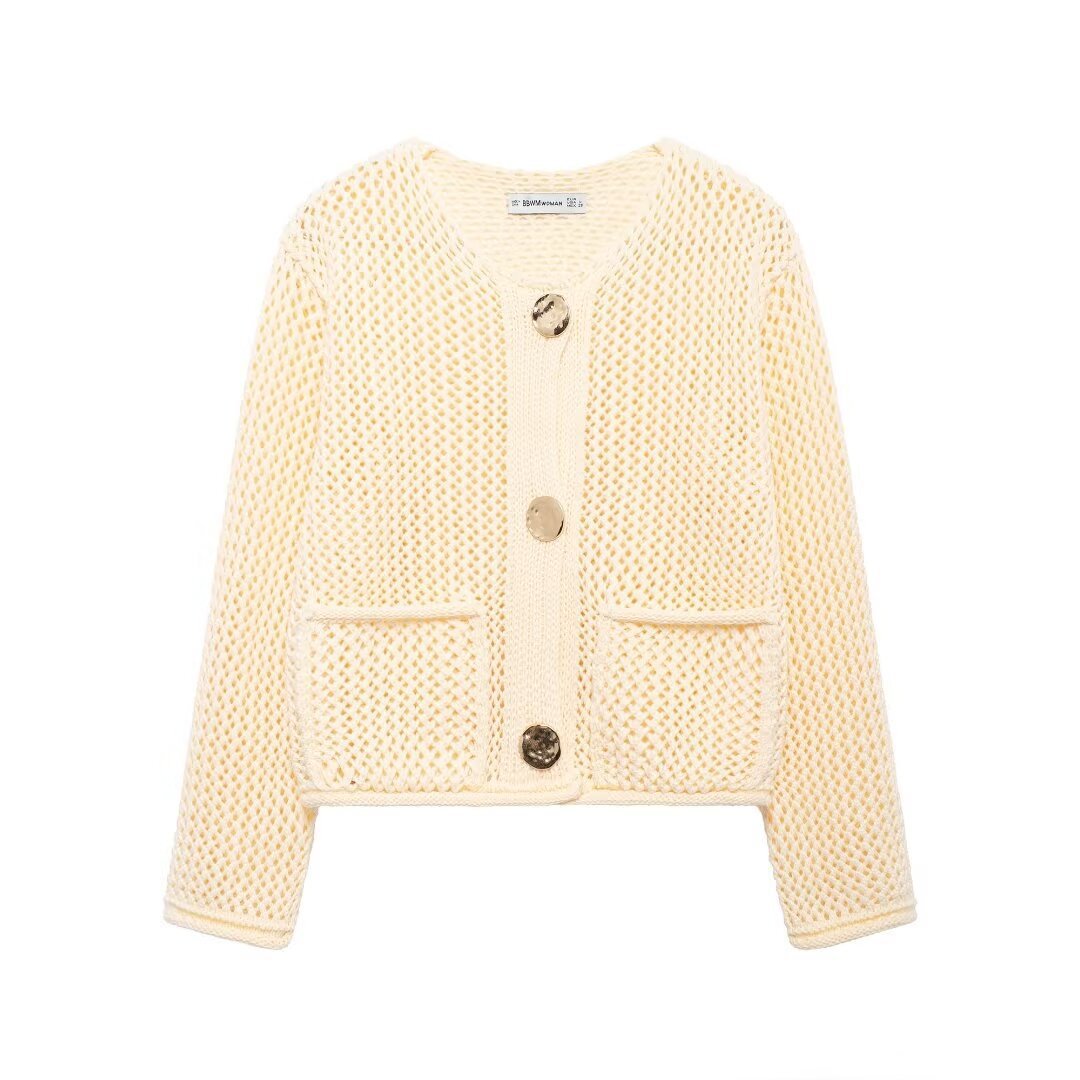 Veste à col rond à manches simples avec deux poches pour femmes