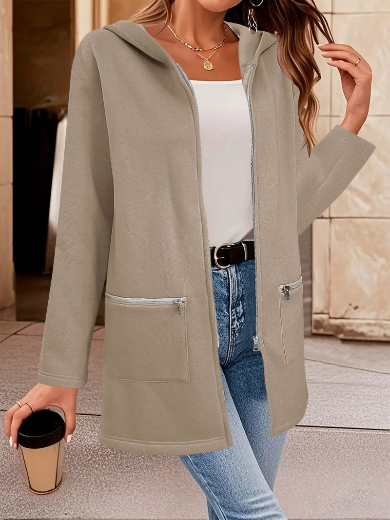 Femmes Long à capuche Cardigan ouvert devant Long Sleeve Casual Jacket Zip Pocket Loose Mid Lengt