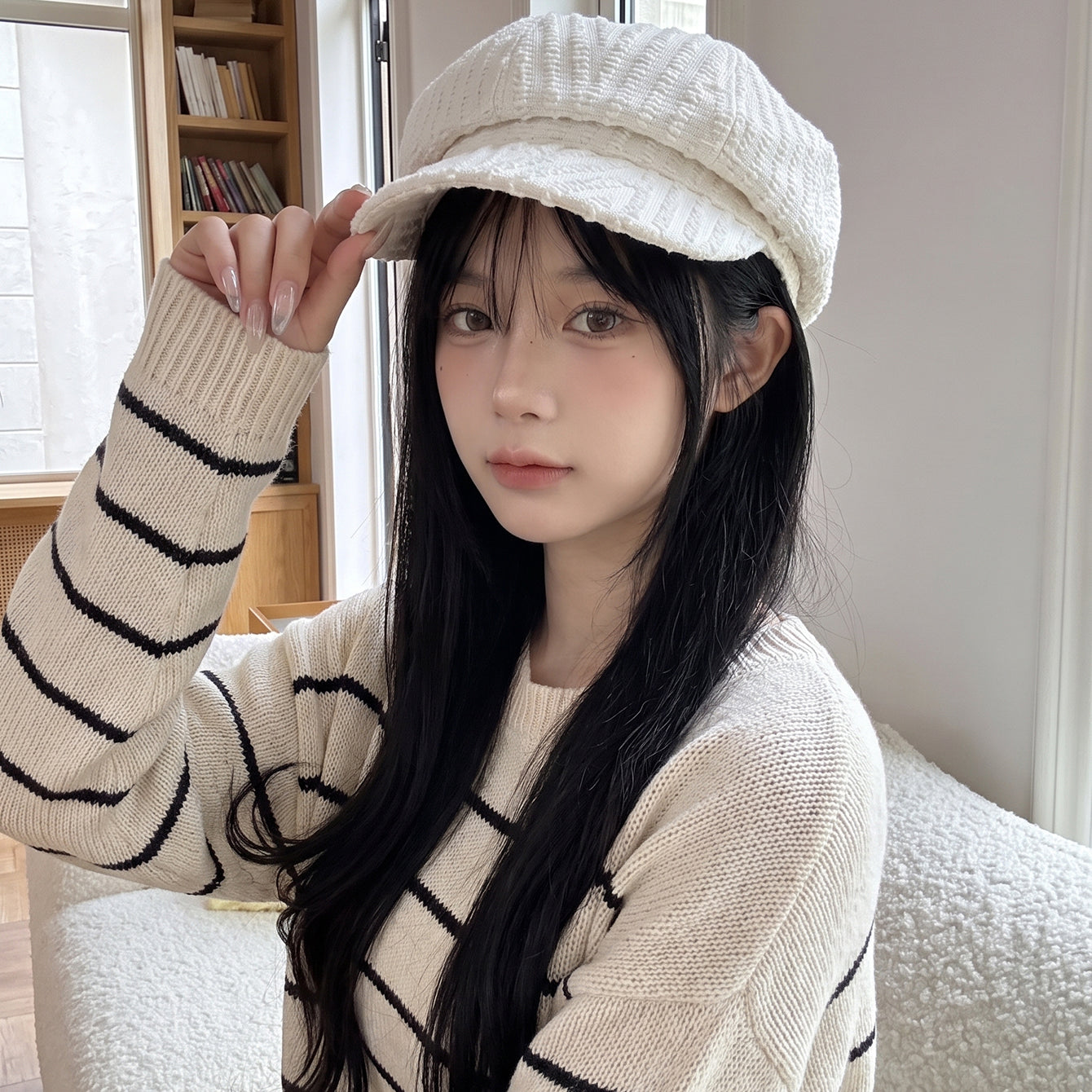 Texture verticale Casquette Octagonal Newsboy - Chapeau de peintre retro japonais - Suitab