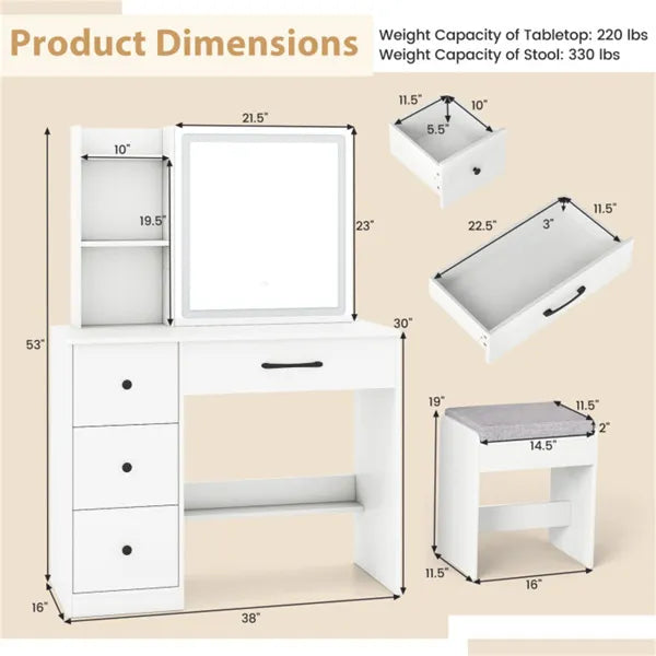 Blanc Vanity bureau et tabouret ensemble avec miroir coulissant et 3-mode LED bande de lumière