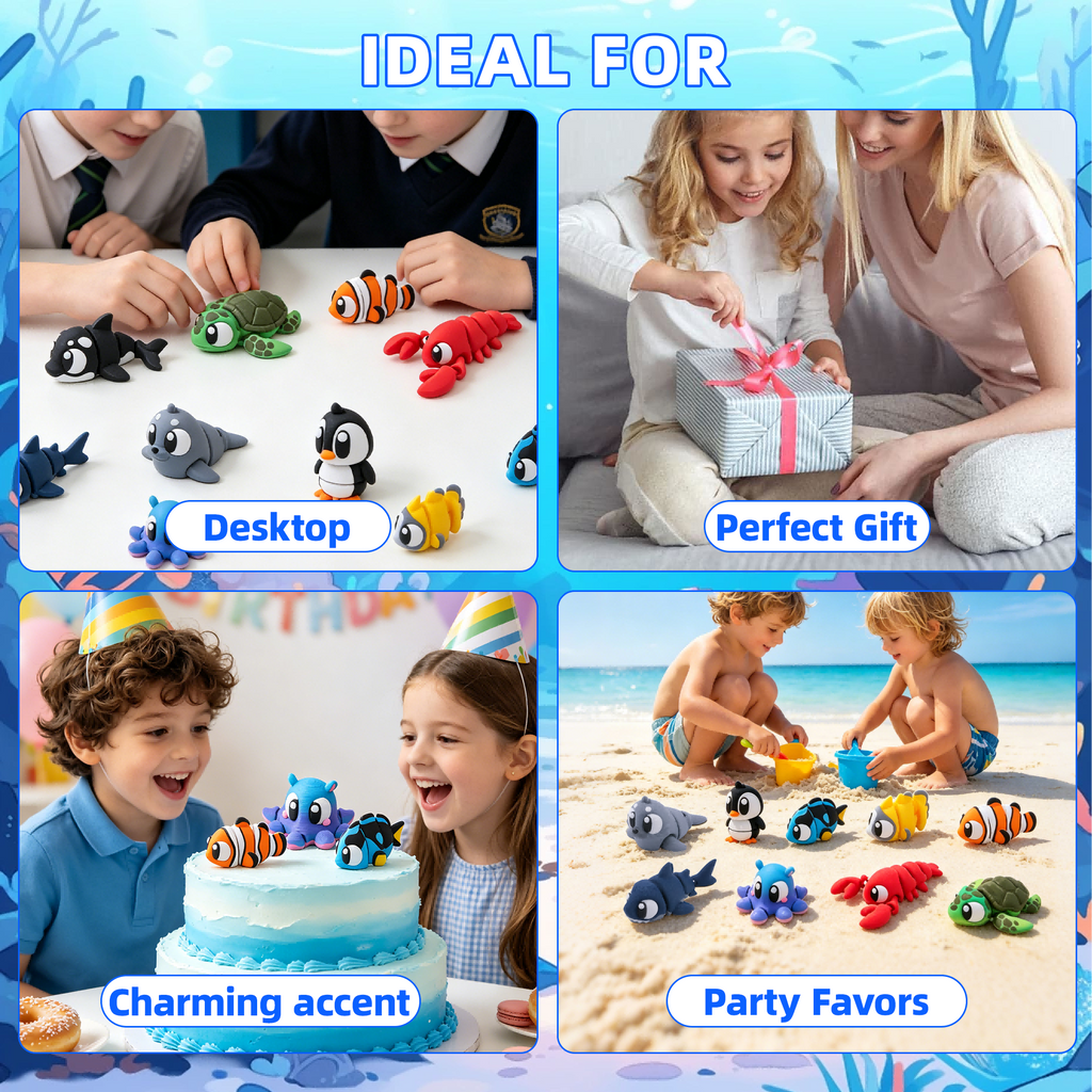 10PCS 3D imprimé Mini jeu de figurines d'animaux d'océan
