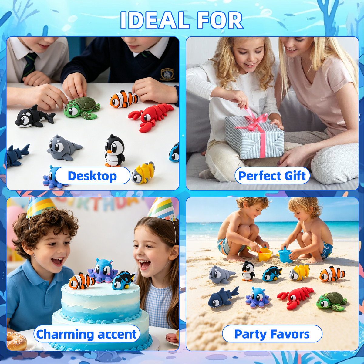 10PCS 3D imprimé Mini jeu de figurines d'animaux d'océan