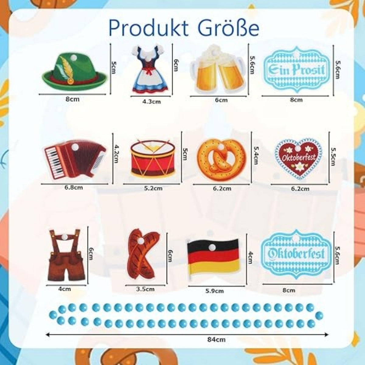 Ensemble de fournitures de fête Oktoberfest 48 pièces : 24 chaînes de perles bleues et blanches et 24 ornements feutres