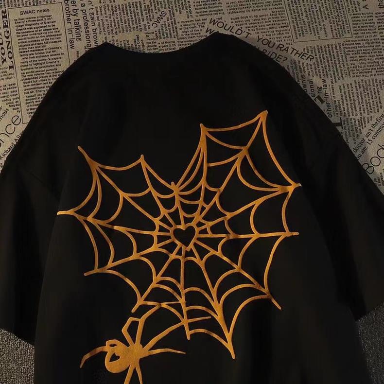 100 coton été mode marque lettres Spider Web imprimé manches courtes T-shirt Jeune Et