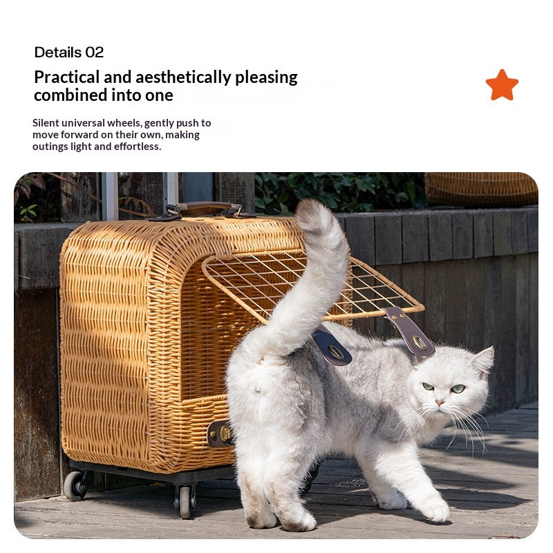 Portable porte-chat en rotin avec ventilation et poignée de traction pour les sorties