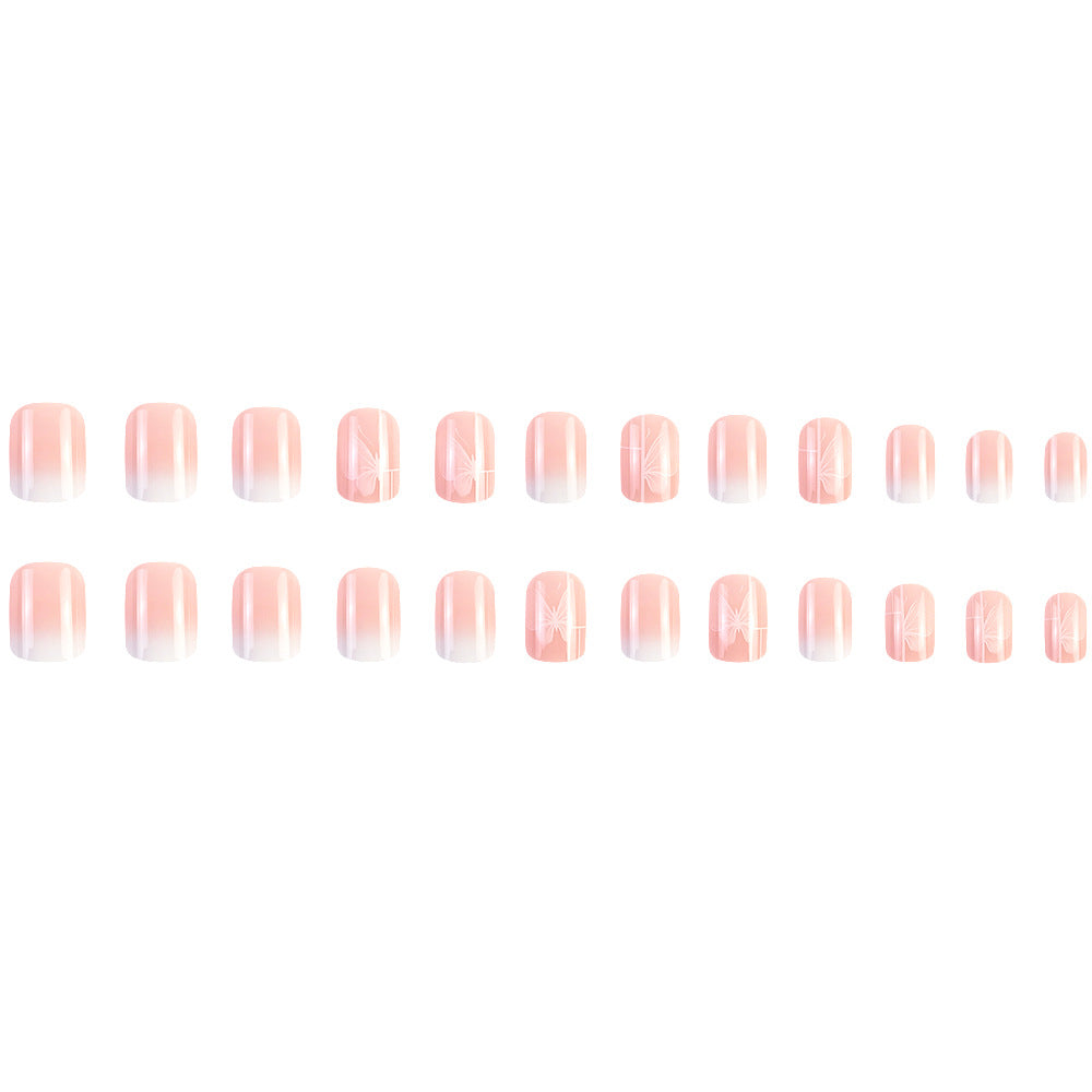 24 pièces Short Square Rose Jelly Nail Polonais avec Gradient Butterfly Design Nail Set. Suita