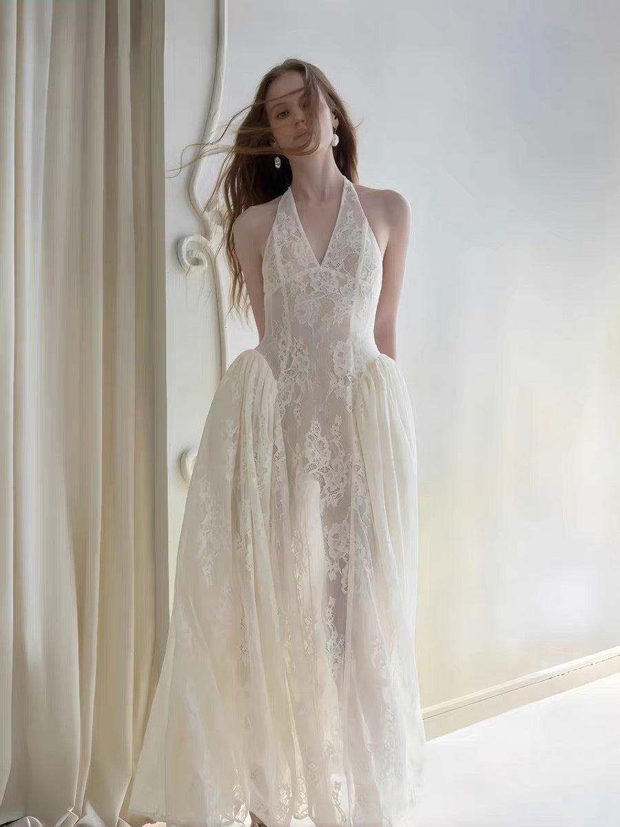Halter V Collier Robe de Dentelle Florale Midi Mariée