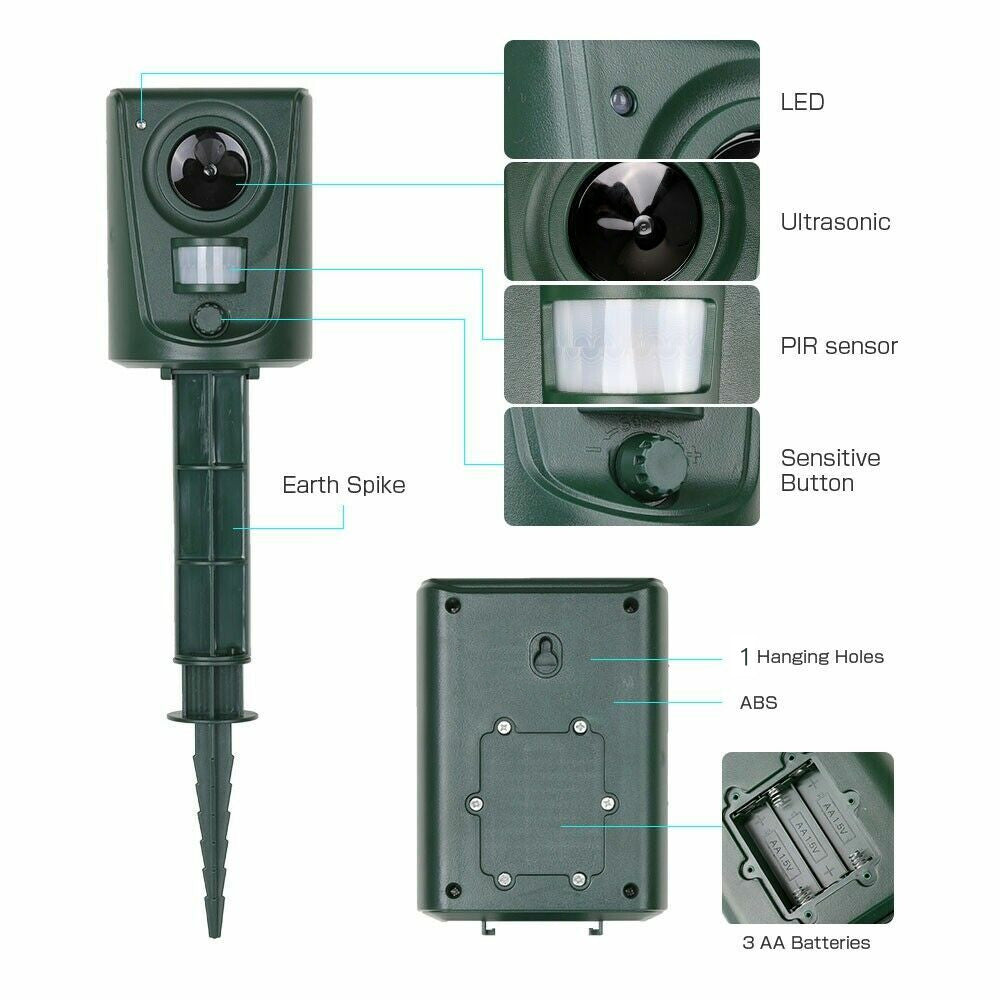 Batterie Ultrasonic Garden Deterrent Repeller Animal Bird Cat Scarer Pest Fox Dog