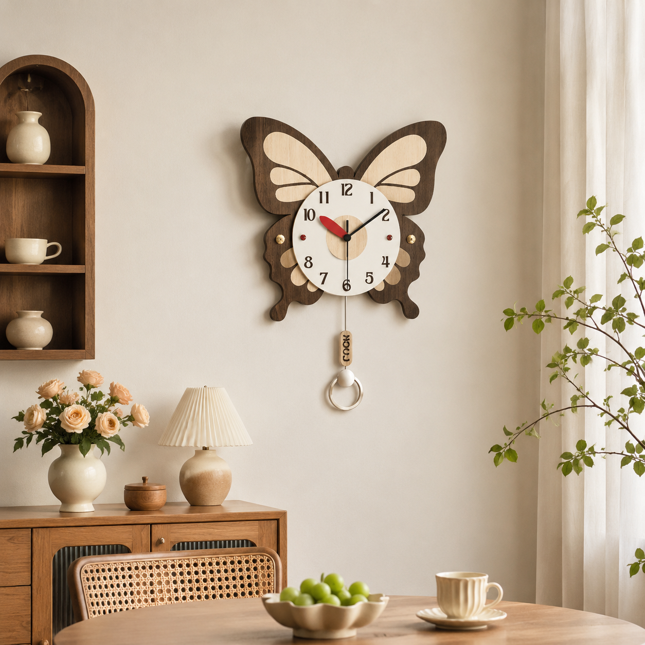 Horloge murale en bois en forme de papillon, style champêtre