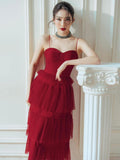 Suspender Étaler la poitrine Tempérament rouge foncé flottant petite robe longue jupe