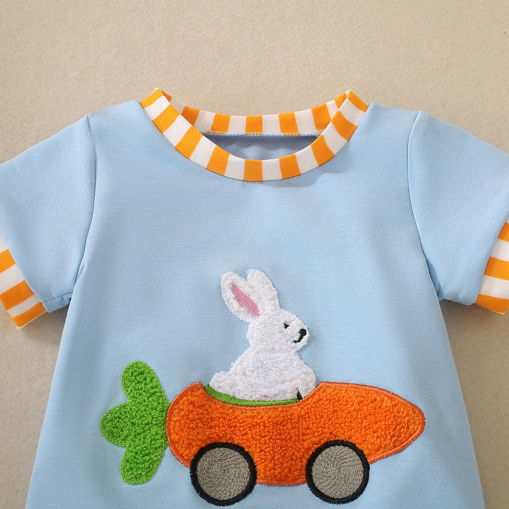 Baby short-sleeved bodysuit Light blue with rabbits and carrots