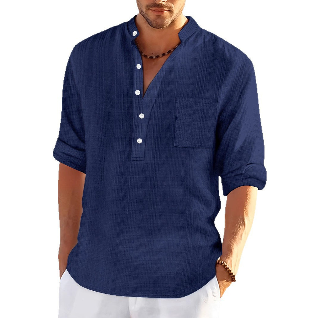 Homme Arrivée Stand-Collar Bamboo-Blend Loose-Fit chemise à manches longues