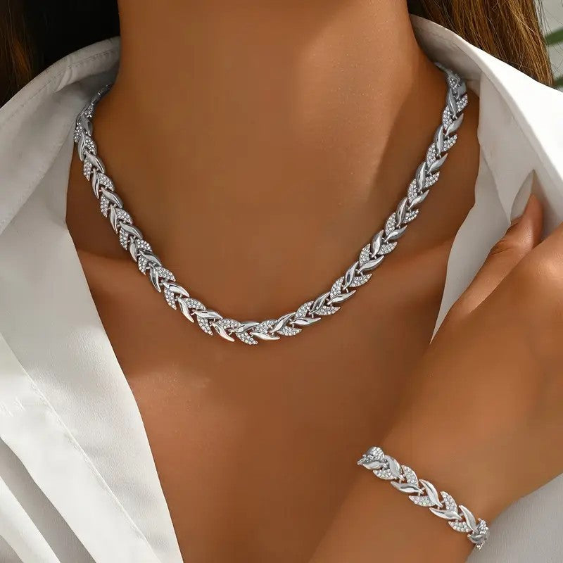 2PCS Collier de collier de feuille de verre Set Élégant collier chaîne en Strass Bracelet pour femme Mode