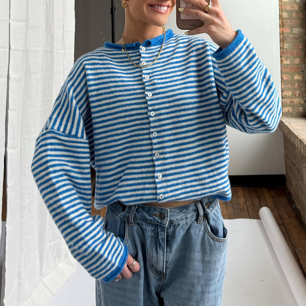 Haut de Cardigan à épaulettes à tête unique, à rayures contrastantes