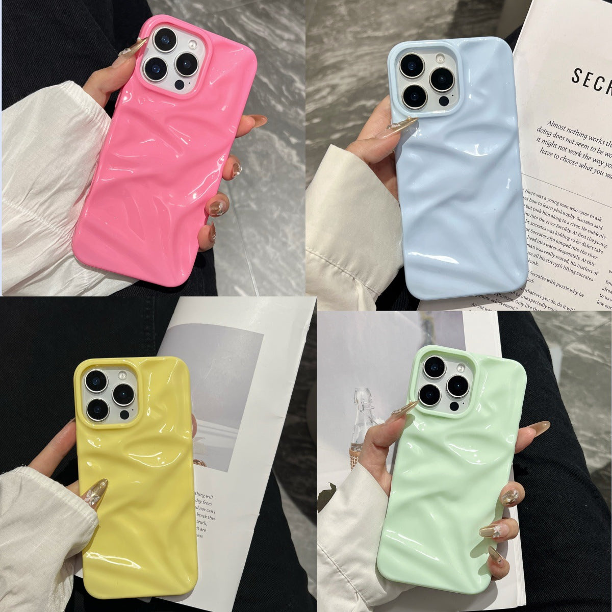 Ins Style Trois dimensions motif plissé Macaron série de couleurs Case téléphone