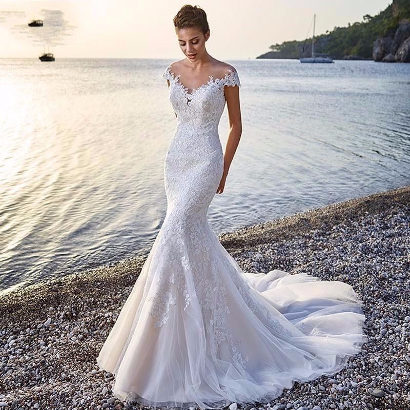 Princesse Mariée Sirène Robe de mariée White Trailing Perspective Dentelle Backless Mariage Dres