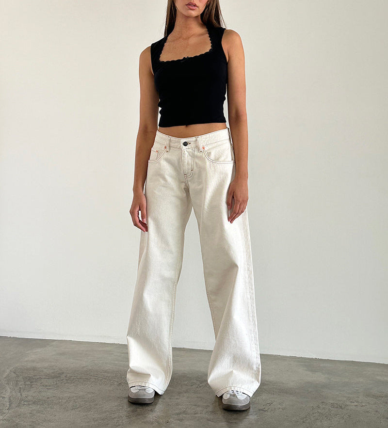American Style Retro Low Waist Non élastique Lavé droit Jeans Femme Autumn Street Wid