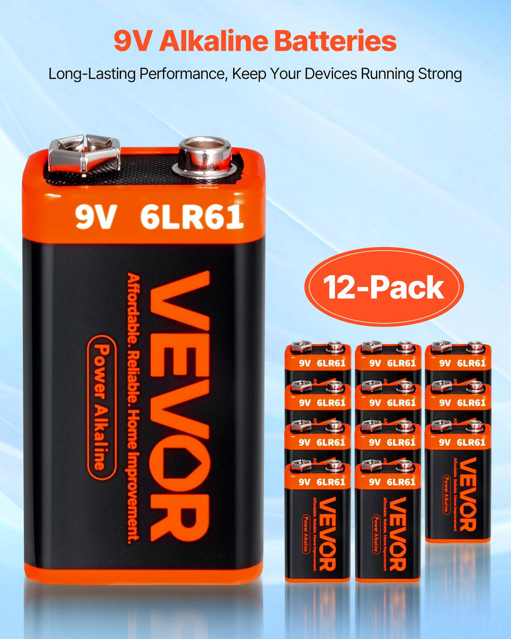 Batteries Alkaline 9V 12-Pack Batterie 9 Volt pour détecteur de fumée longue durée