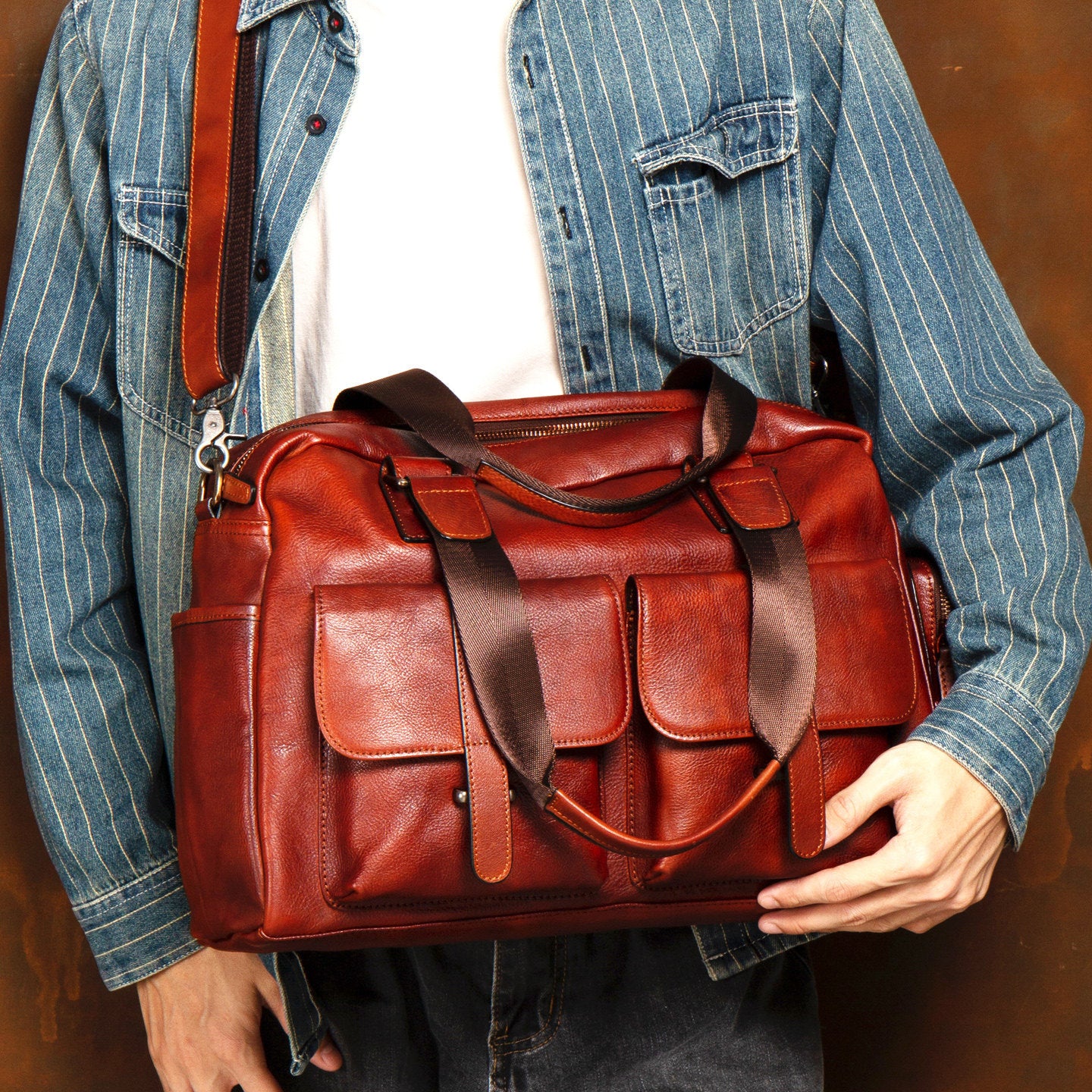 Grand sac en cuir vintage en cuir avec une grande capacité