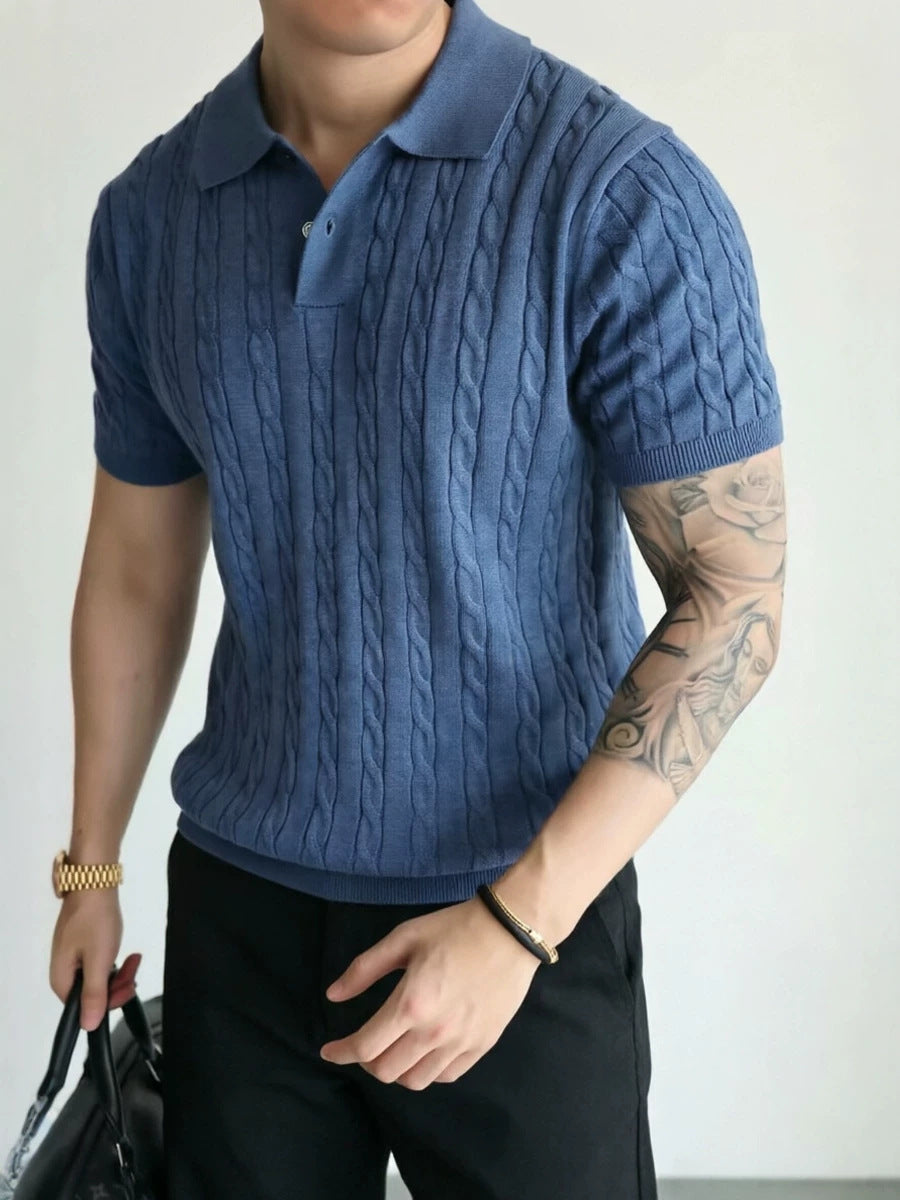 Chemise Polo en tricot de câble Hommes manches courtes T-shirt tricoté casual