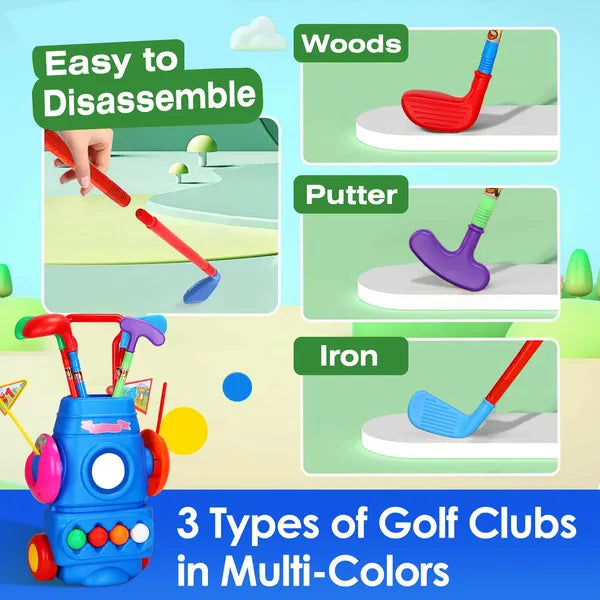 Jeu de golf pour tout-petits avec 4 Balles 4 Clubs 2 Trous 2 Drapeaux Golf Panier Golf intérieur en plein air