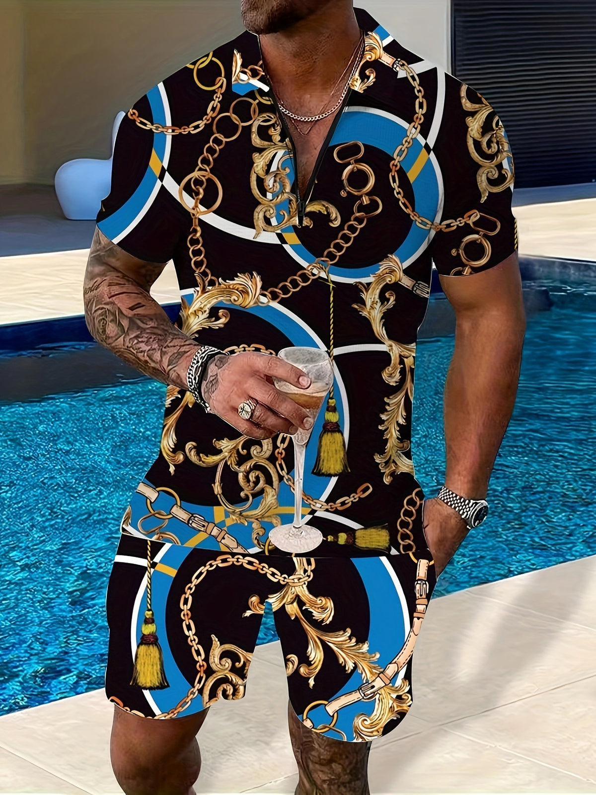 Deux-pièces Lapel Zipper Printed Leisure Sports