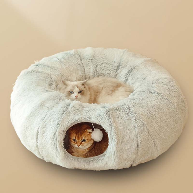 Lit chaud de chat en peluche avec tunnel pour les chats intérieurs Collapsible Donut Cat jouer à coucher Cave