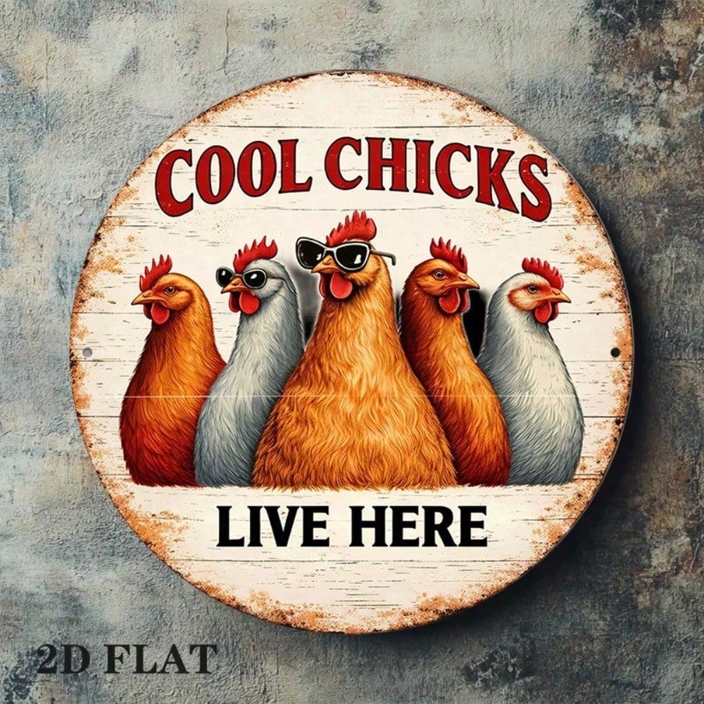 8x8in Retro Cool Chicken Round Sign Funny Farmhouse Bar Decor