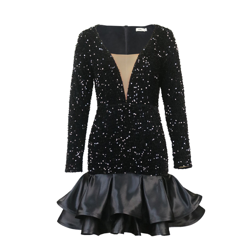 See-through Deep V-neck Sequins Robe Banquet Ball Party Robe courte