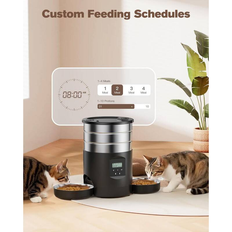 Feeder automatique pour deux chats avec un design antidérapant stable et programmable