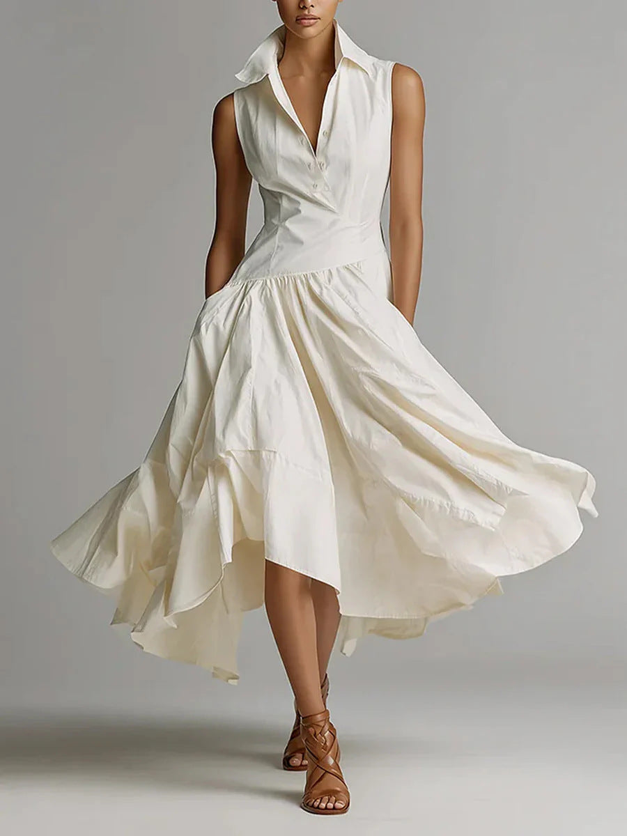 Robe de mi-long avec col en chemise et sans manches
