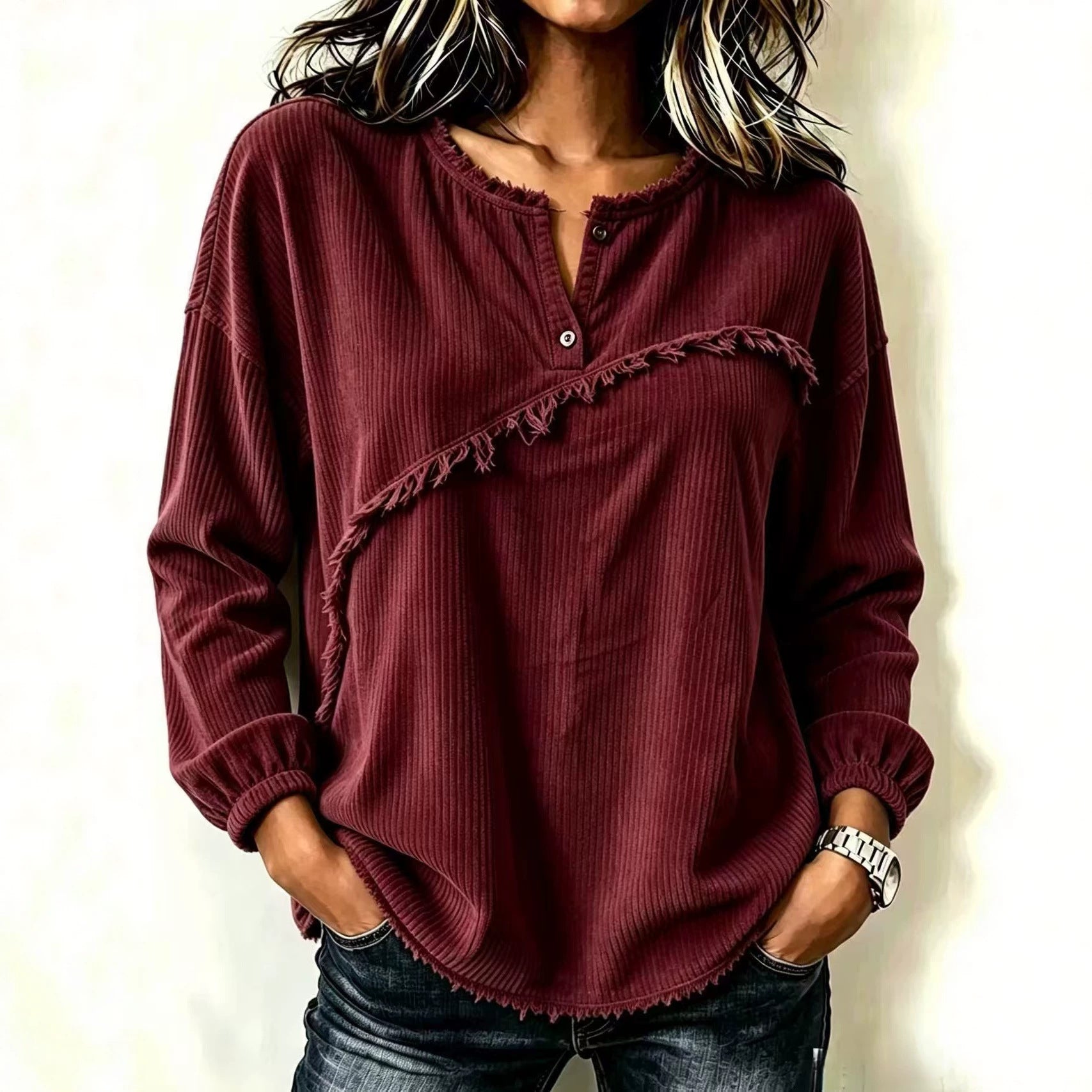 Femmes Col de Henley Corduroy Top avec Tasseaux Raw-edge