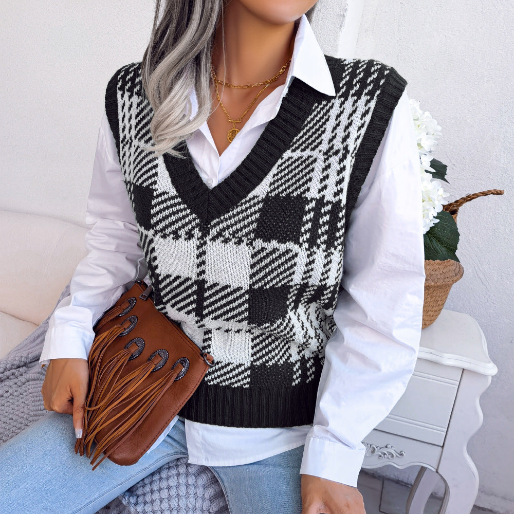 Bloqué de couleur Plaid Veste tricotée Pantoufle pour femmes