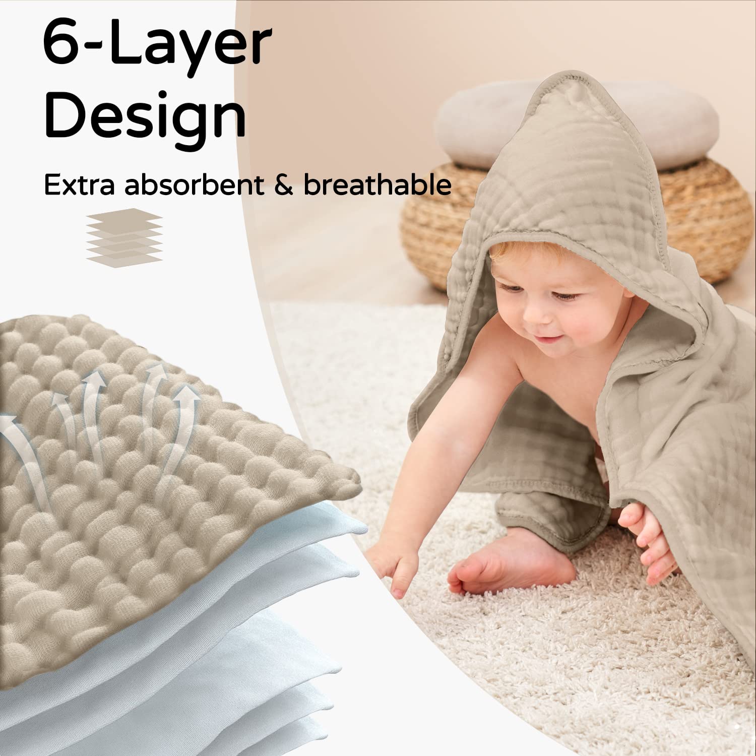 Serviettes à capuche pour bébé pour nouveau-né Muslin coton Serviette de bain pour bébé avec capot pour bébés