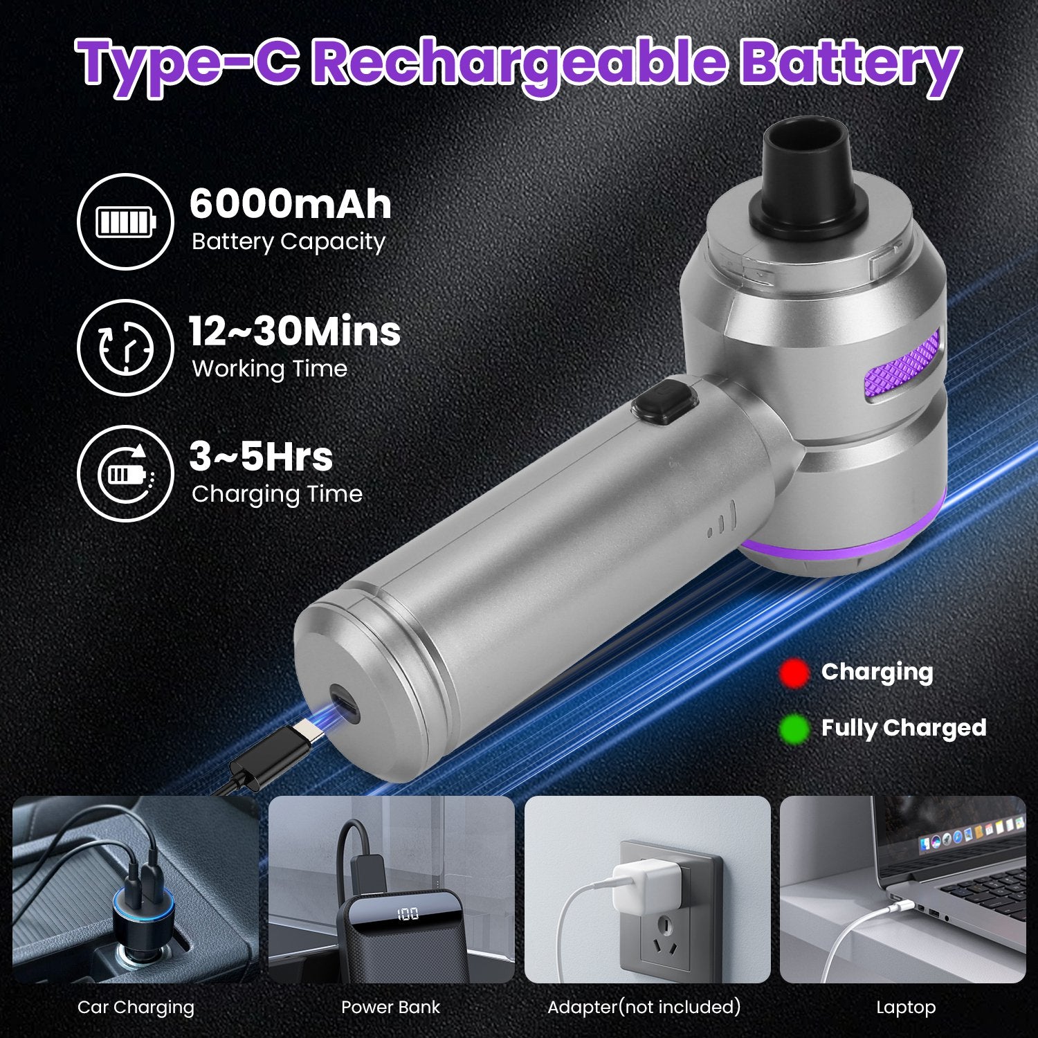 16000PA Aspirateur de voiture portatif avec moteur sans brosse 2 filtres réutilisables 4 En 1 Portabl