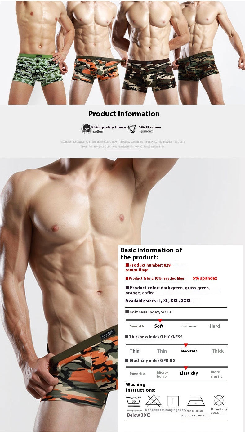Sous-vêtements pour hommes Camouflage Boxers respirants modaux Boxers imprimés de taille moyenne