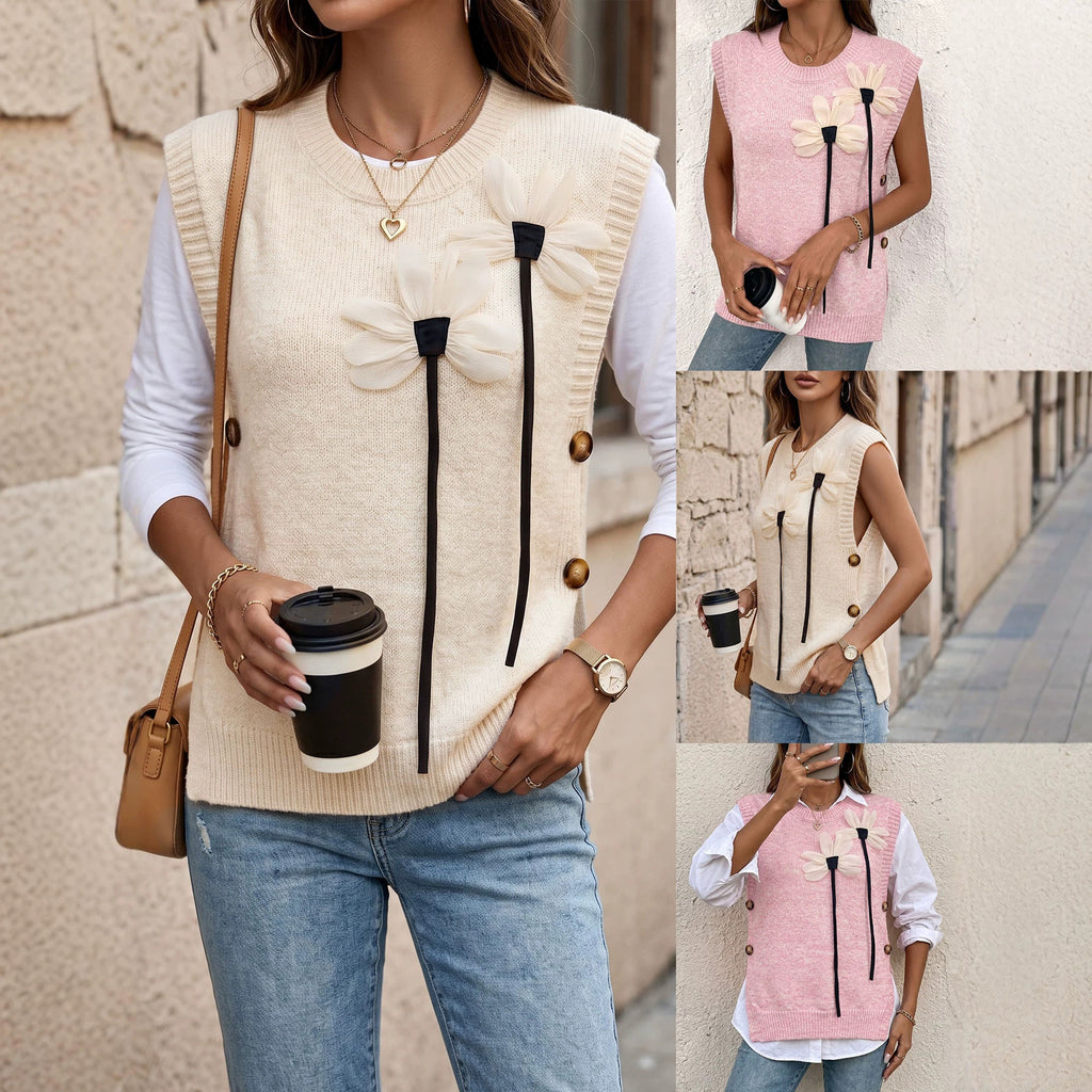 Automnehiver Femmes tricotées Veste de patchwork avec un collier rond et une couleur solide